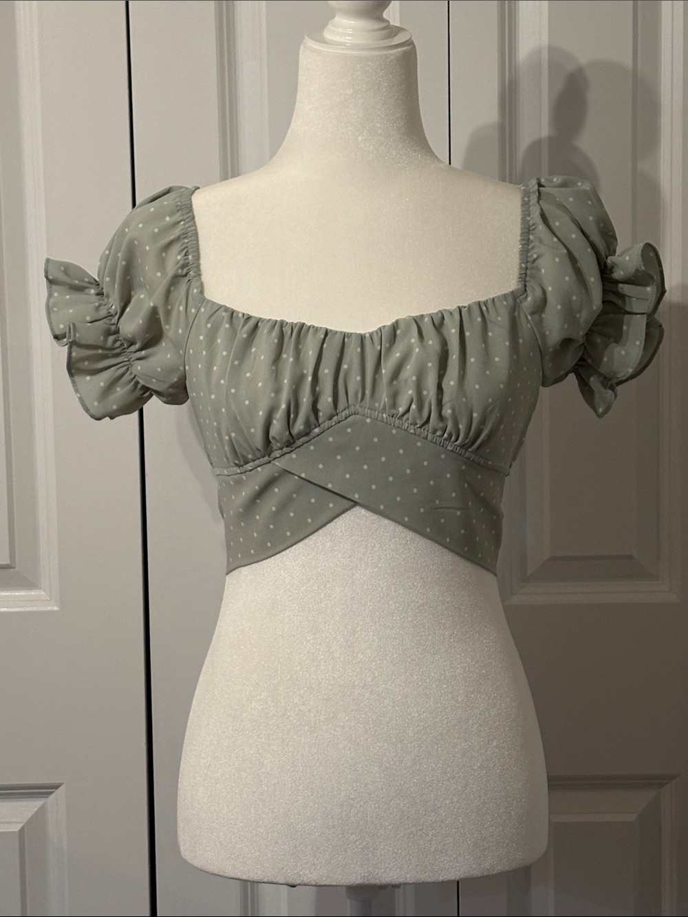 Hello Molly Sage Green Polka Dot Puff Sleeve Tie-Back Crop Top